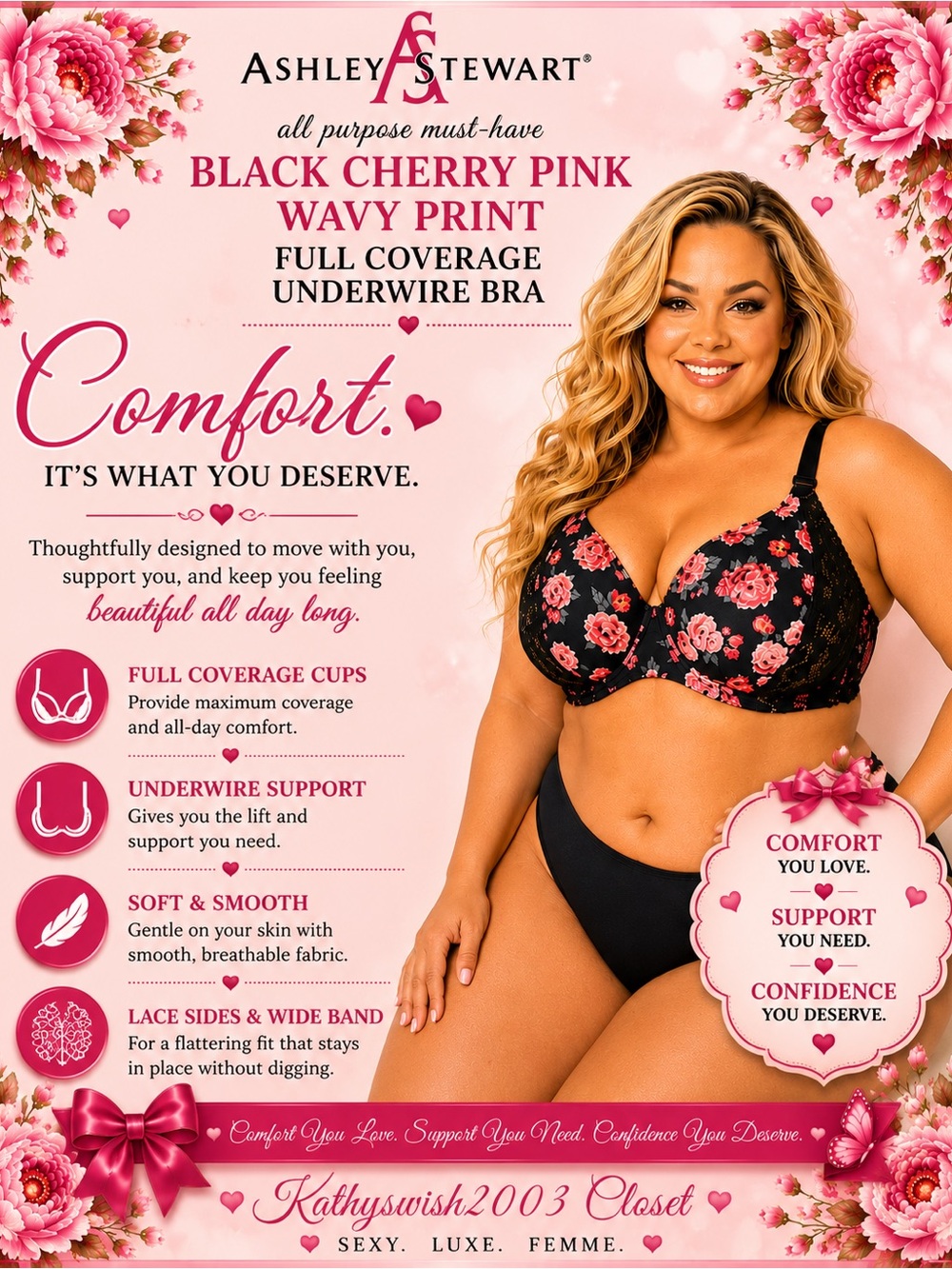 Ashley Stewart Black Floral Full Coverage Underwire Bra, Plus Size 46D NEW w/Tag - Picture 5 of 16